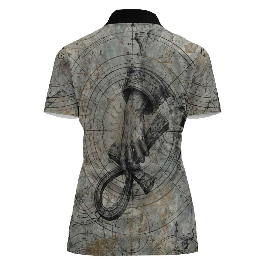 Aten Ancient Egyptian Women Polo Shirt with Gray Astronomical Chart, Radiant Sun Disc Emblem, and Ankh - Wonder Print Shop