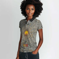 Aten Ancient Egyptian Women Polo Shirt with Gray Astronomical Chart, Radiant Sun Disc Emblem, and Ankh - Wonder Print Shop