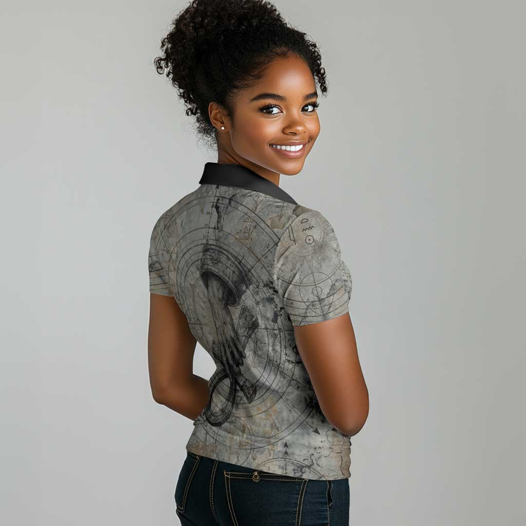Aten Ancient Egyptian Women Polo Shirt with Gray Astronomical Chart, Radiant Sun Disc Emblem, and Ankh - Wonder Print Shop