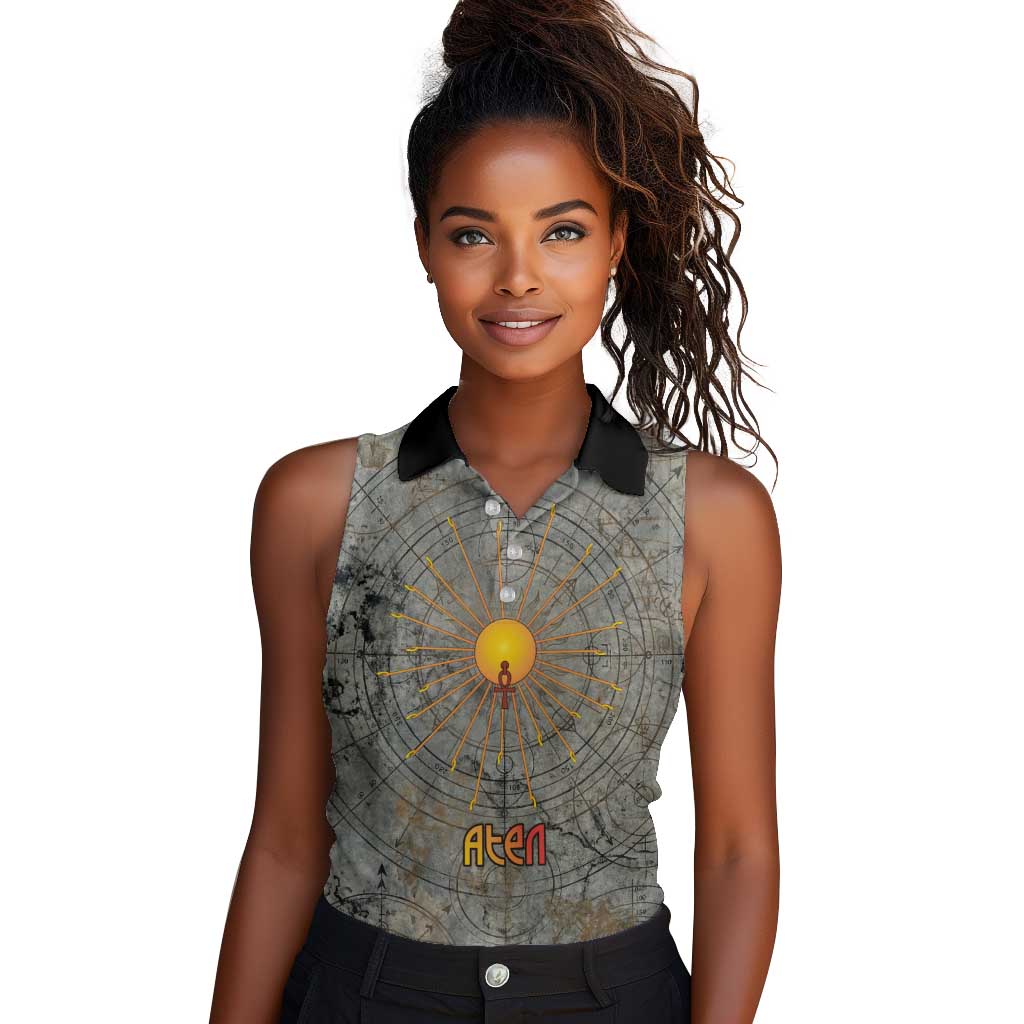 Aten Ancient Egyptian Women Sleeveless Polo Shirt with Gray Astronomical Chart, Radiant Sun Disc Emblem, and Ankh - Wonder Print Shop