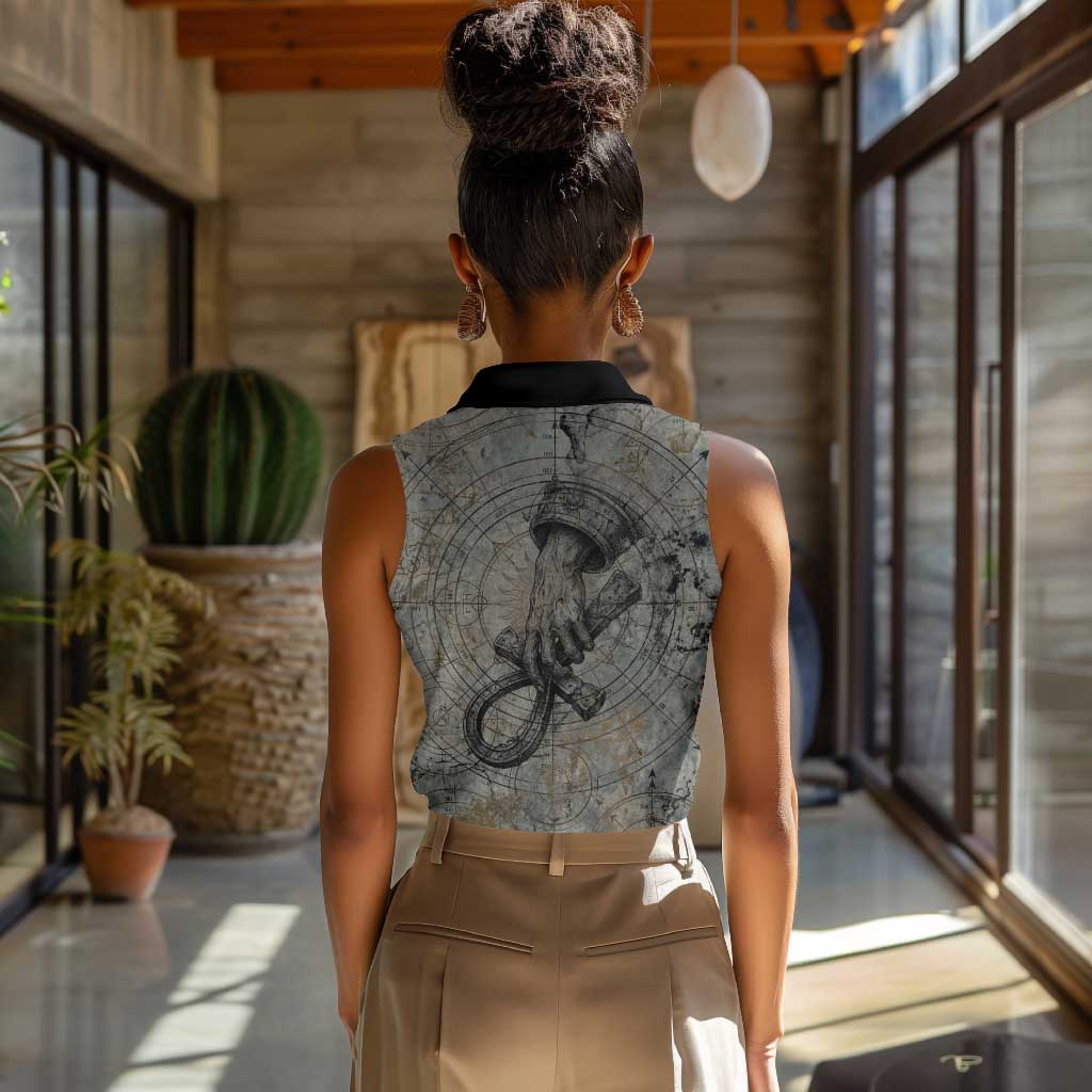 Aten Ancient Egyptian Women Sleeveless Polo Shirt with Gray Astronomical Chart, Radiant Sun Disc Emblem, and Ankh - Wonder Print Shop