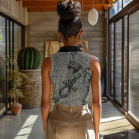 Aten Ancient Egyptian Women Sleeveless Polo Shirt with Gray Astronomical Chart, Radiant Sun Disc Emblem, and Ankh - Wonder Print Shop