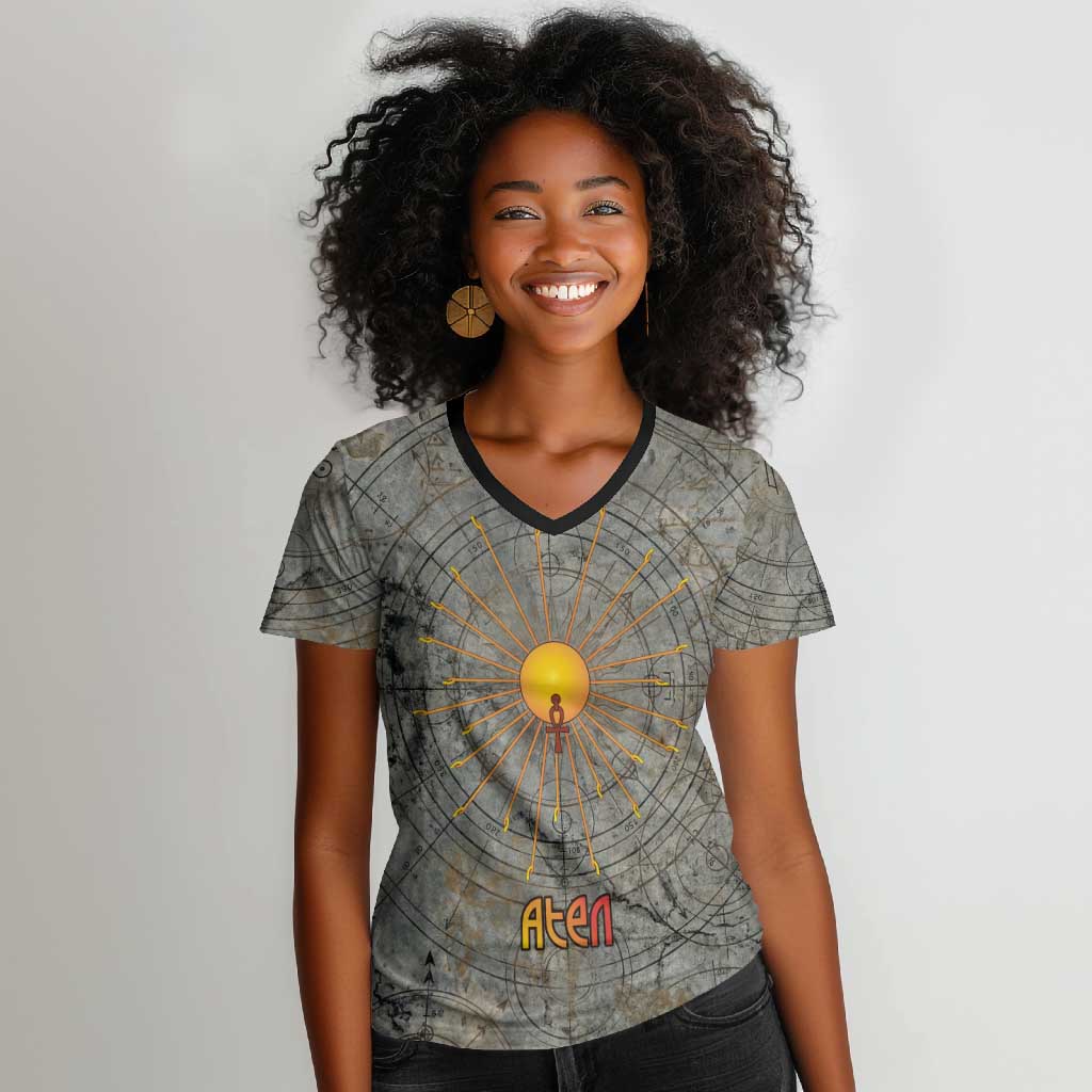 Aten Ancient Egyptian Women V-Neck T-Shirt with Gray Astronomical Chart, Radiant Sun Disc Emblem, and Ankh - Wonder Print Shop