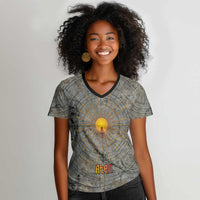 Aten Ancient Egyptian Women V-Neck T-Shirt with Gray Astronomical Chart, Radiant Sun Disc Emblem, and Ankh - Wonder Print Shop