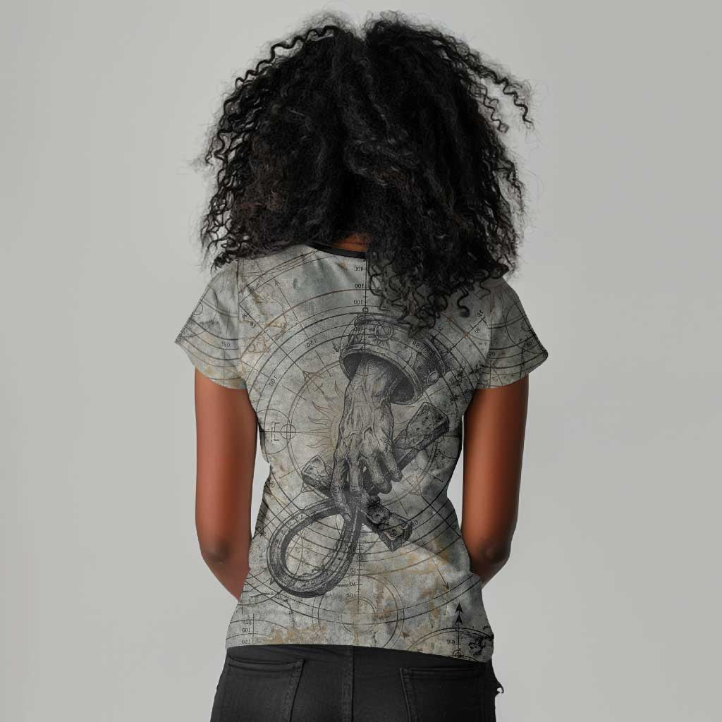 Aten Ancient Egyptian Women V-Neck T-Shirt with Gray Astronomical Chart, Radiant Sun Disc Emblem, and Ankh - Wonder Print Shop