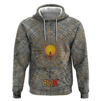 Aten Ancient Egyptian Zip Hoodie with Gray Astronomical Chart, Radiant Sun Disc Emblem, and Ankh - Wonder Print Shop