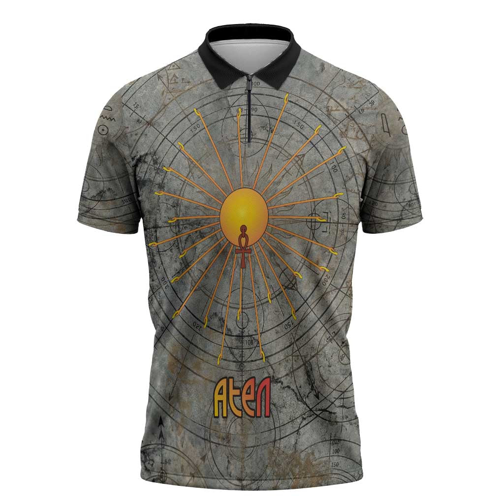 Aten Ancient Egyptian Zipper Polo Shirt with Gray Astronomical Chart, Radiant Sun Disc Emblem, and Ankh - Wonder Print Shop