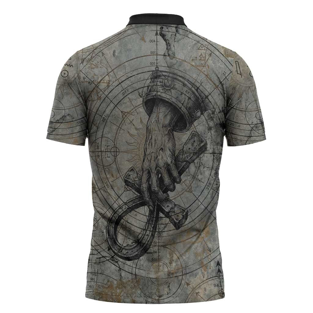 Aten Ancient Egyptian Zipper Polo Shirt with Gray Astronomical Chart, Radiant Sun Disc Emblem, and Ankh - Wonder Print Shop