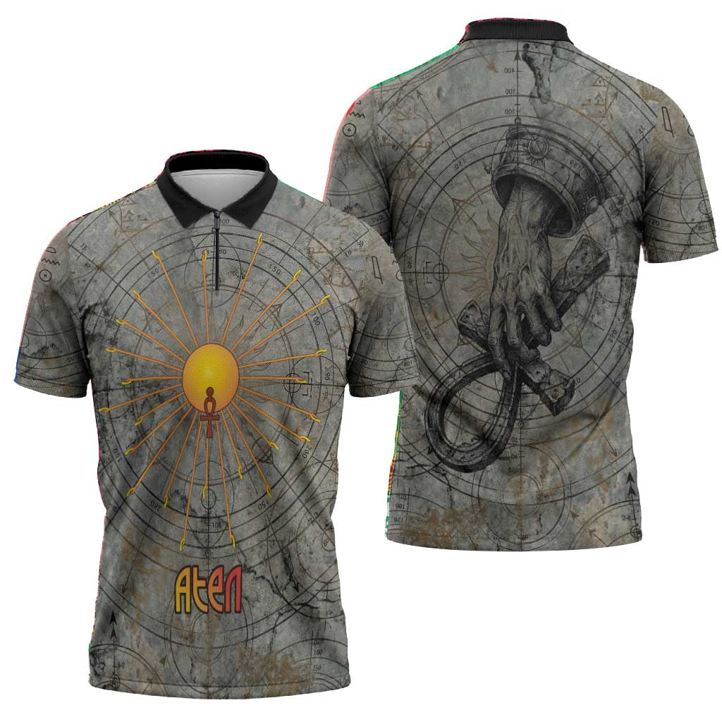 Aten Ancient Egyptian Zipper Polo Shirt with Gray Astronomical Chart, Radiant Sun Disc Emblem, and Ankh - Wonder Print Shop