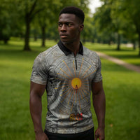 Aten Ancient Egyptian Zipper Polo Shirt with Gray Astronomical Chart, Radiant Sun Disc Emblem, and Ankh - Wonder Print Shop