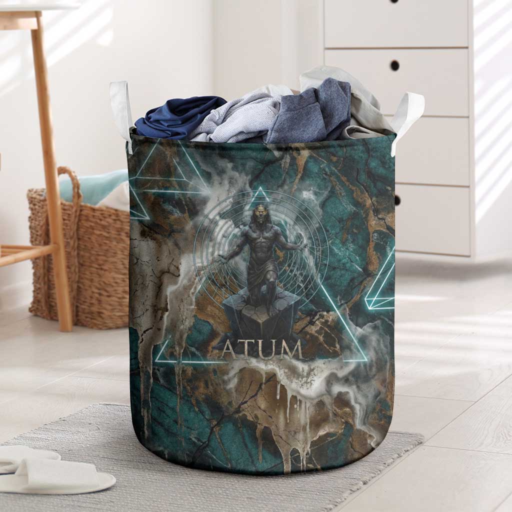 Atum Laundry Basket Ancient Egyptian Teal Marble Smoke, Solar Barque Crown, Creator Deity Statue - Wonder Print Shop