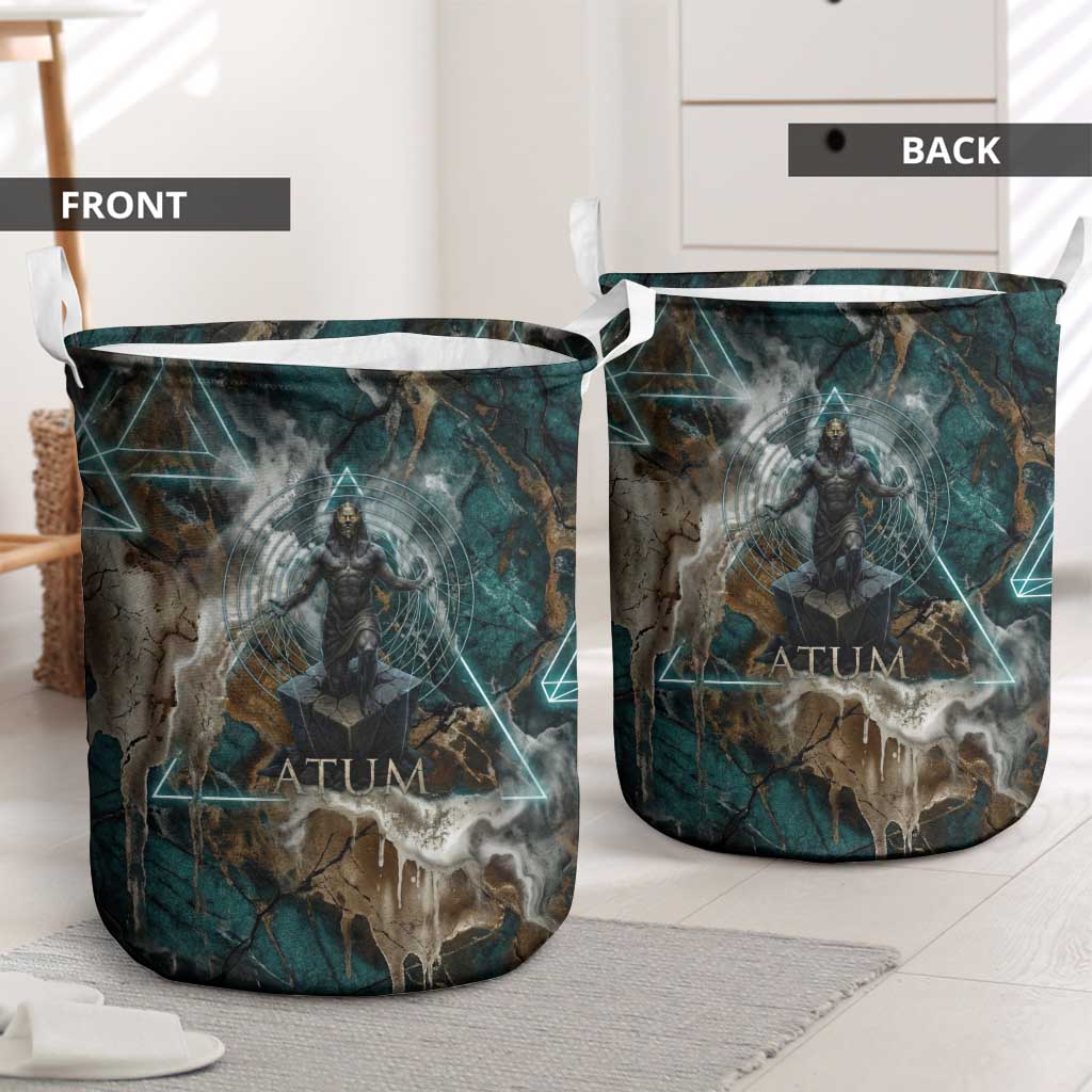 Atum Laundry Basket Ancient Egyptian Teal Marble Smoke, Solar Barque Crown, Creator Deity Statue - Wonder Print Shop