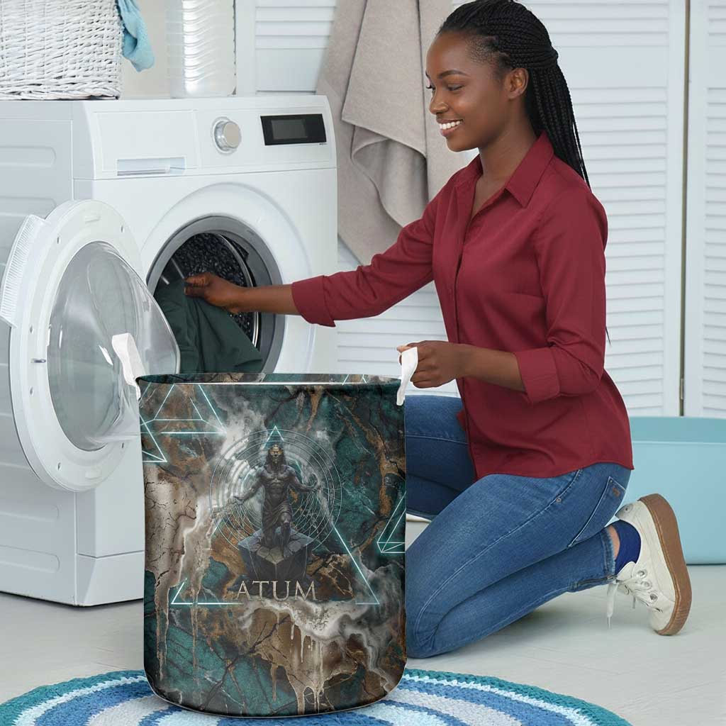 Atum Laundry Basket Ancient Egyptian Teal Marble Smoke, Solar Barque Crown, Creator Deity Statue - Wonder Print Shop