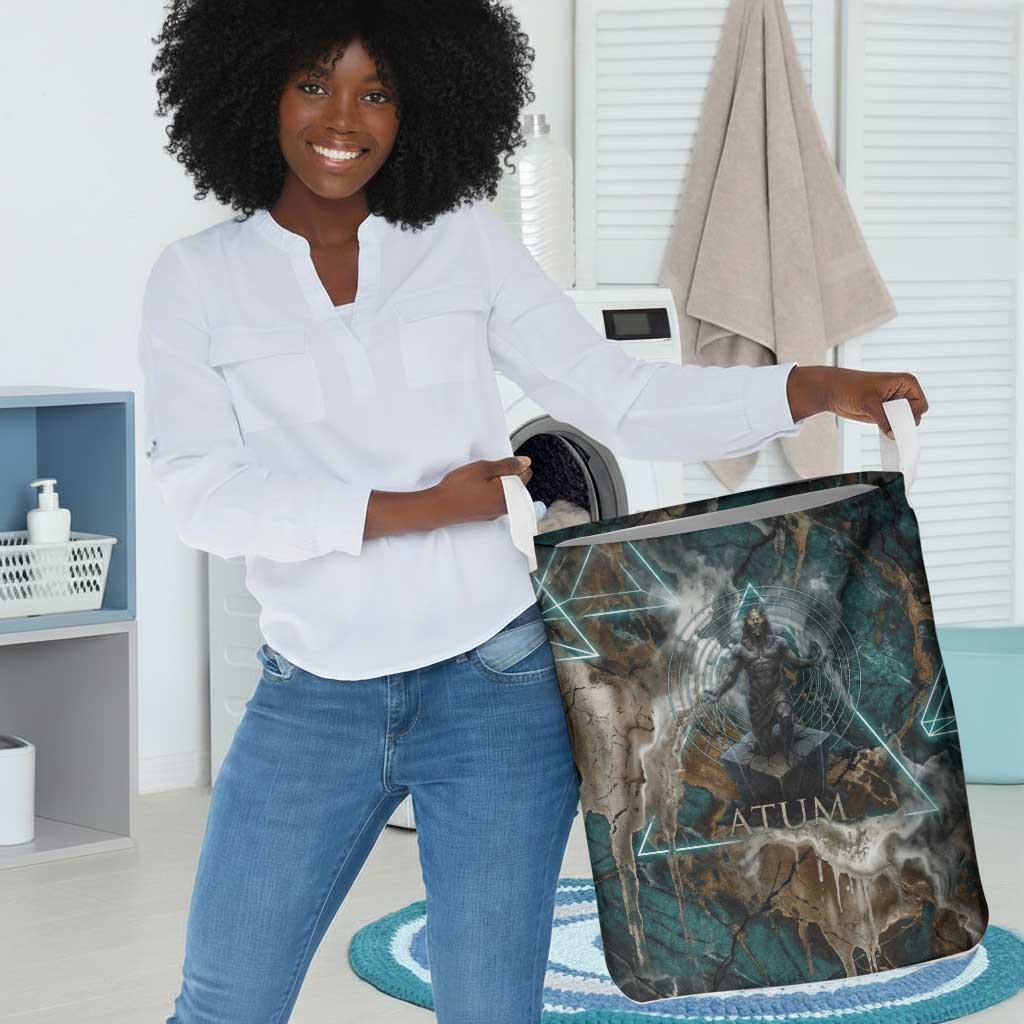 Atum Laundry Basket Ancient Egyptian Teal Marble Smoke, Solar Barque Crown, Creator Deity Statue - Wonder Print Shop