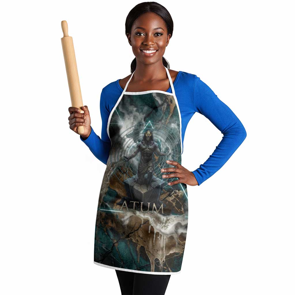 Atum Apron Ancient Egyptian Teal Marble Smoke, Solar Barque Crown, Creator Deity Statue - Wonder Print Shop