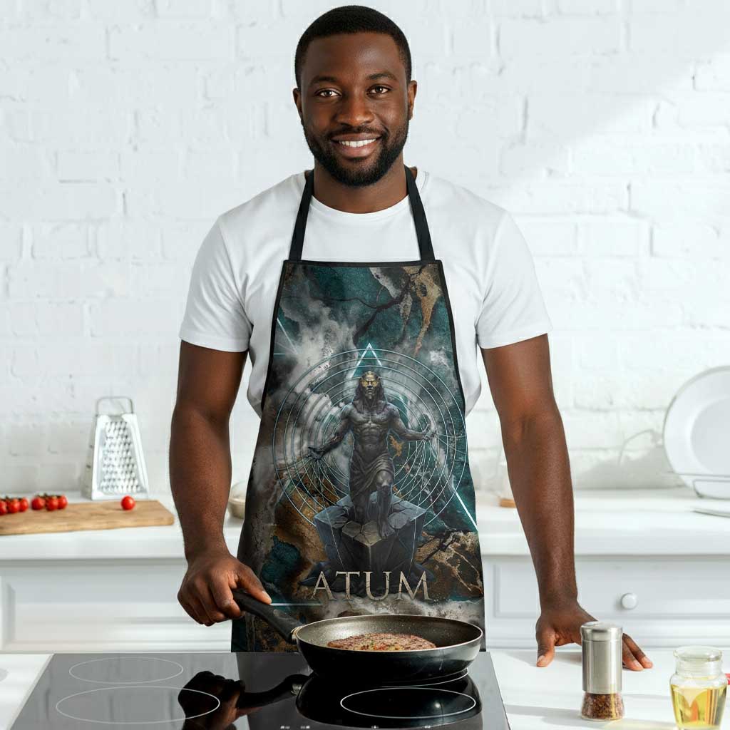 Atum Apron Ancient Egyptian Teal Marble Smoke, Solar Barque Crown, Creator Deity Statue - Wonder Print Shop
