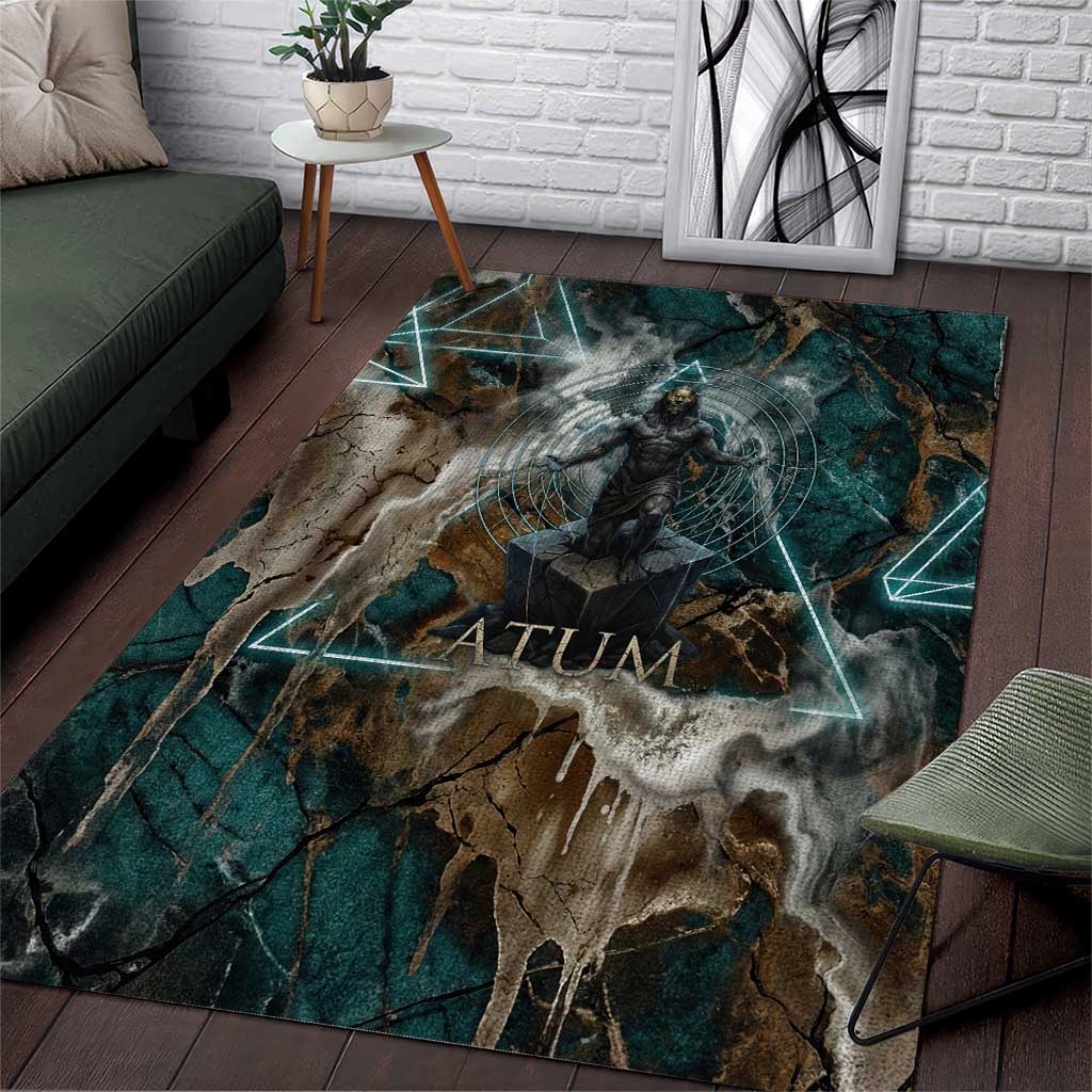 Atum Area Rug Ancient Egyptian Teal Marble Smoke, Solar Barque Crown, Creator Deity Statue - Wonder Print Shop