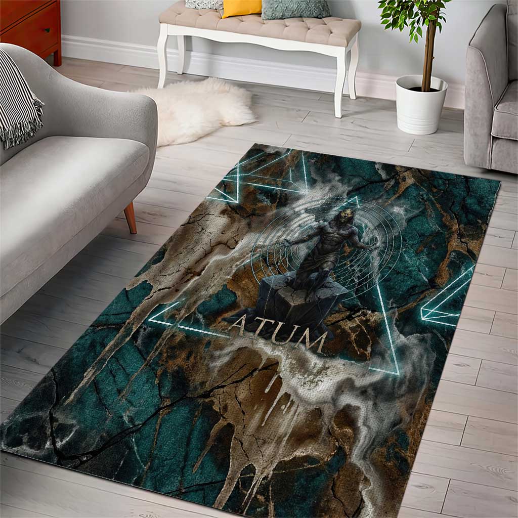 Atum Area Rug Ancient Egyptian Teal Marble Smoke, Solar Barque Crown, Creator Deity Statue - Wonder Print Shop