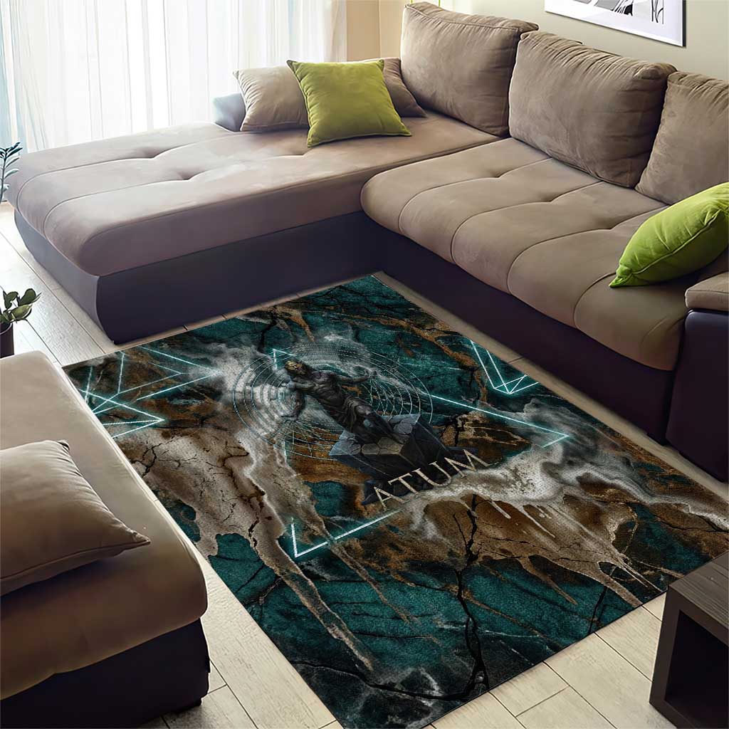 Atum Area Rug Ancient Egyptian Teal Marble Smoke, Solar Barque Crown, Creator Deity Statue - Wonder Print Shop