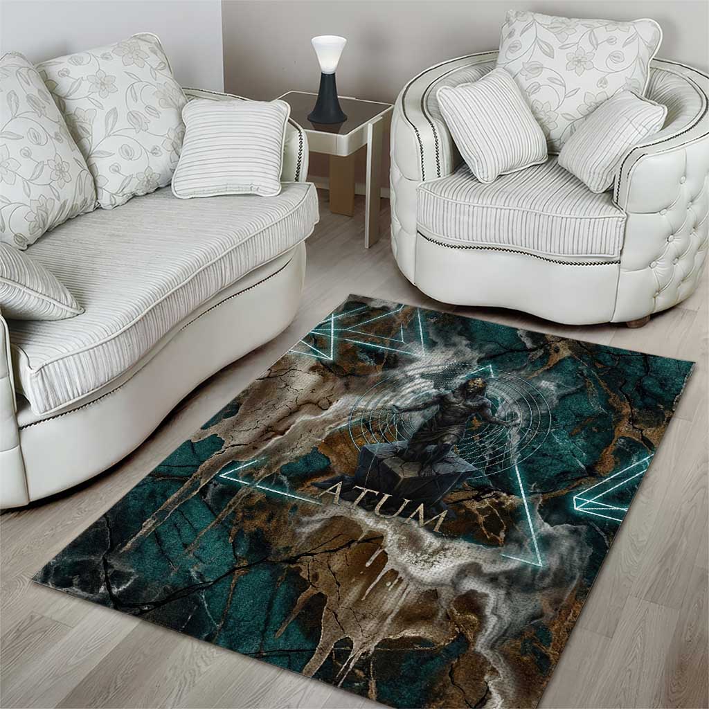 Atum Area Rug Ancient Egyptian Teal Marble Smoke, Solar Barque Crown, Creator Deity Statue - Wonder Print Shop