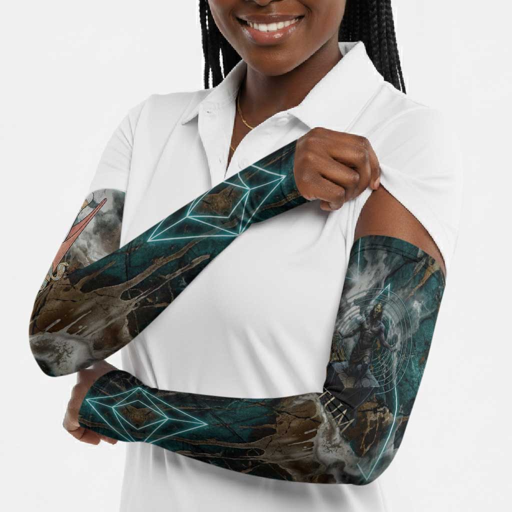 Atum Arm Sleeves Ancient Egyptian Teal Marble Smoke, Solar Barque Crown, Creator Deity Statue - Wonder Print Shop