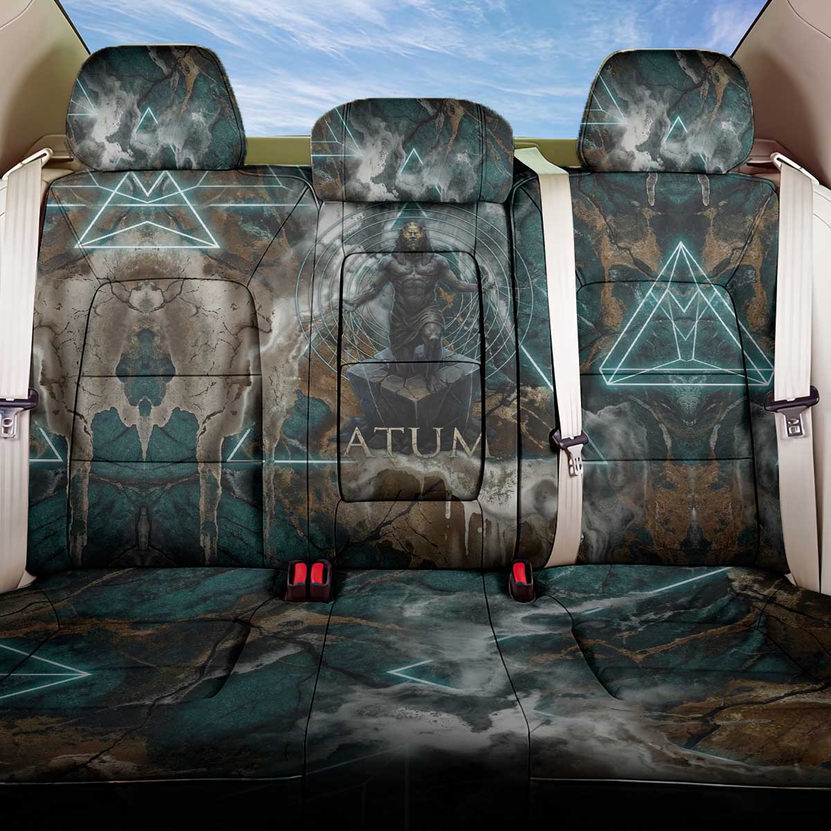 Atum Back Car Seat Cover Ancient Egyptian Teal Marble Smoke, Solar Barque Crown, Creator Deity Statue - Wonder Print Shop