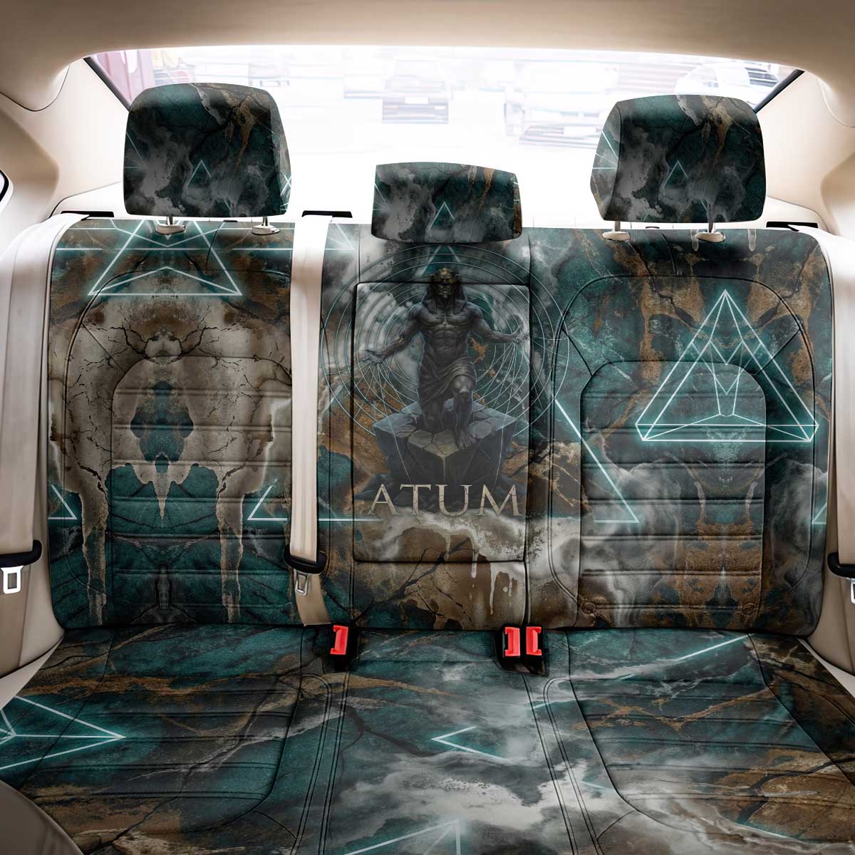 Atum Back Car Seat Cover Ancient Egyptian Teal Marble Smoke, Solar Barque Crown, Creator Deity Statue - Wonder Print Shop