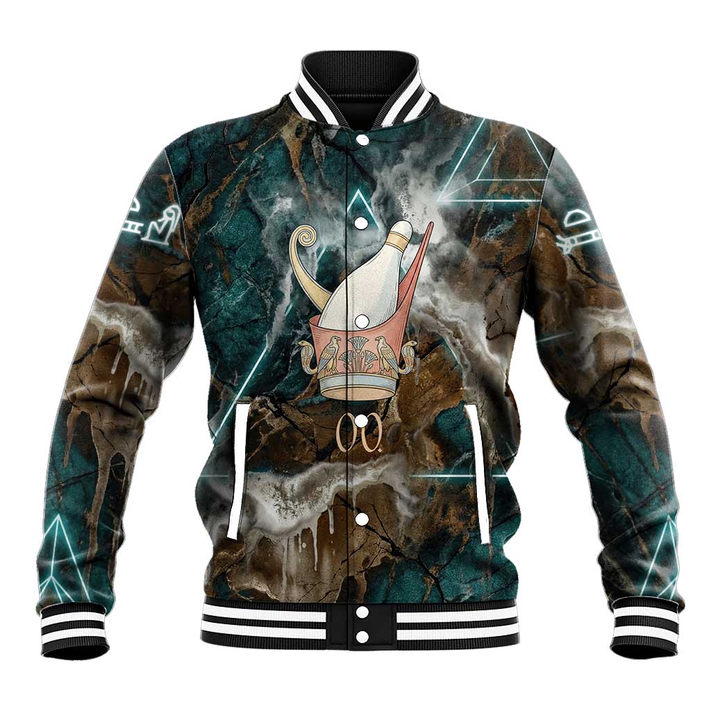 Atum Baseball Jacket Ancient Egyptian Teal Marble Smoke, Solar Barque Crown, Creator Deity Statue - Wonder Print Shop