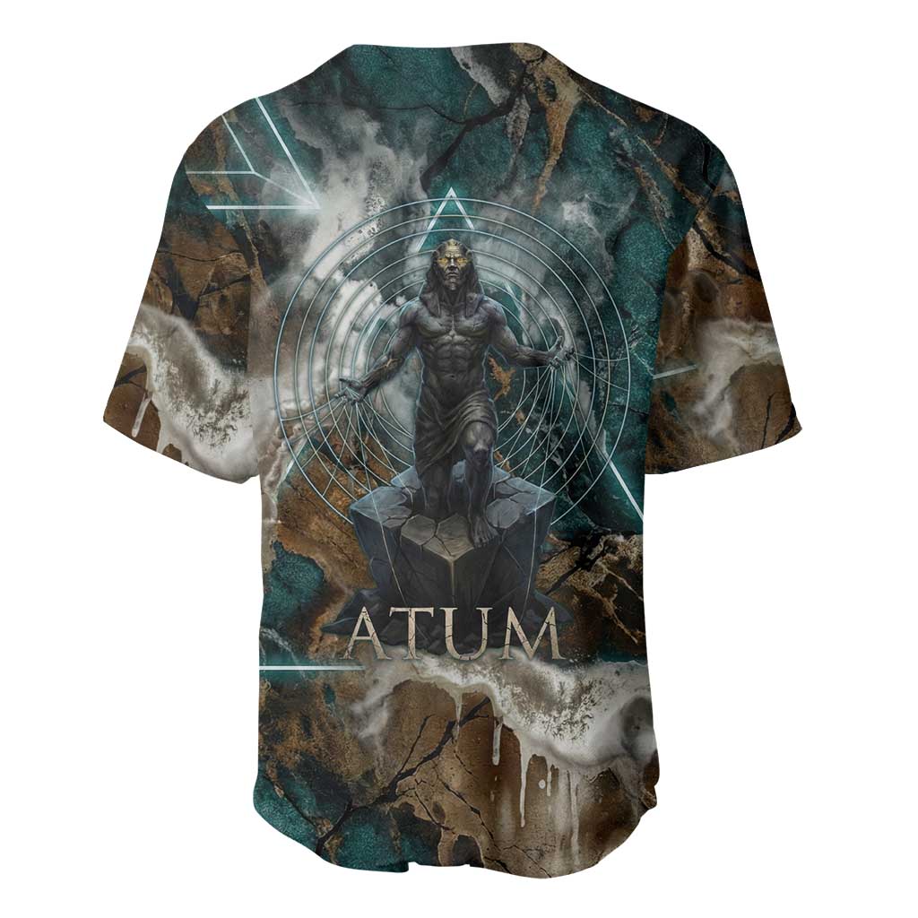 Atum Baseball Jersey Ancient Egyptian Teal Marble Smoke, Solar Barque Crown, Creator Deity Statue - Wonder Print Shop