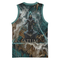 Atum Basketball Jersey Ancient Egyptian Teal Marble Smoke, Solar Barque Crown, Creator Deity Statue - Wonder Print Shop
