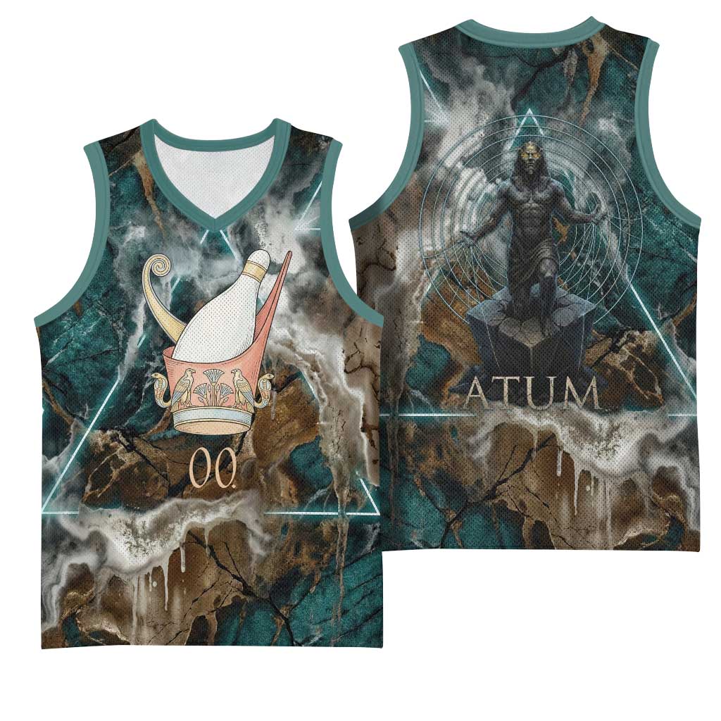 Atum Basketball Jersey Ancient Egyptian Teal Marble Smoke, Solar Barque Crown, Creator Deity Statue - Wonder Print Shop