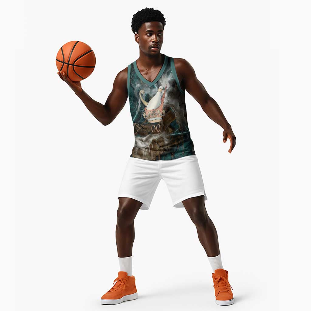 Atum Basketball Jersey Ancient Egyptian Teal Marble Smoke, Solar Barque Crown, Creator Deity Statue - Wonder Print Shop