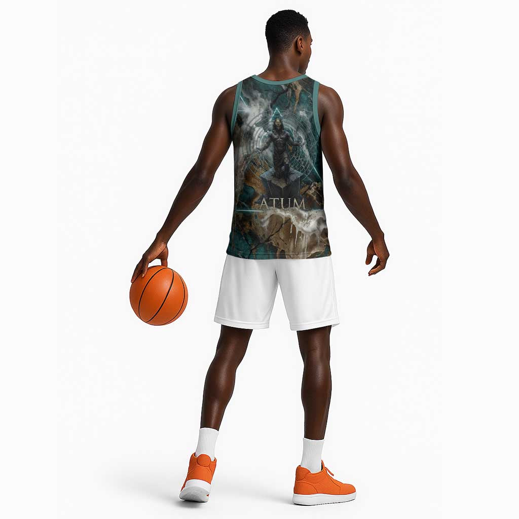 Atum Basketball Jersey Ancient Egyptian Teal Marble Smoke, Solar Barque Crown, Creator Deity Statue - Wonder Print Shop