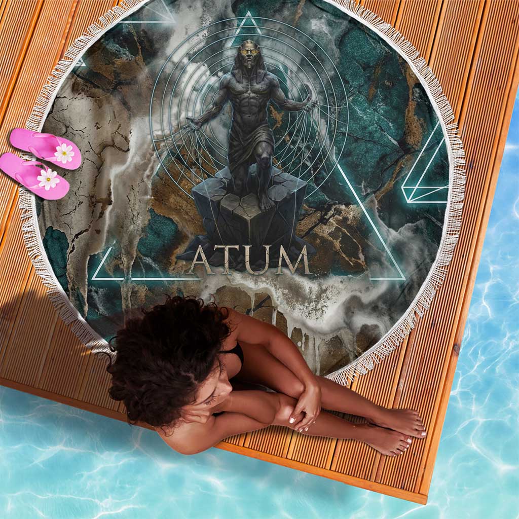 Atum Beach Blanket Ancient Egyptian Teal Marble Smoke, Solar Barque Crown, Creator Deity Statue - Wonder Print Shop