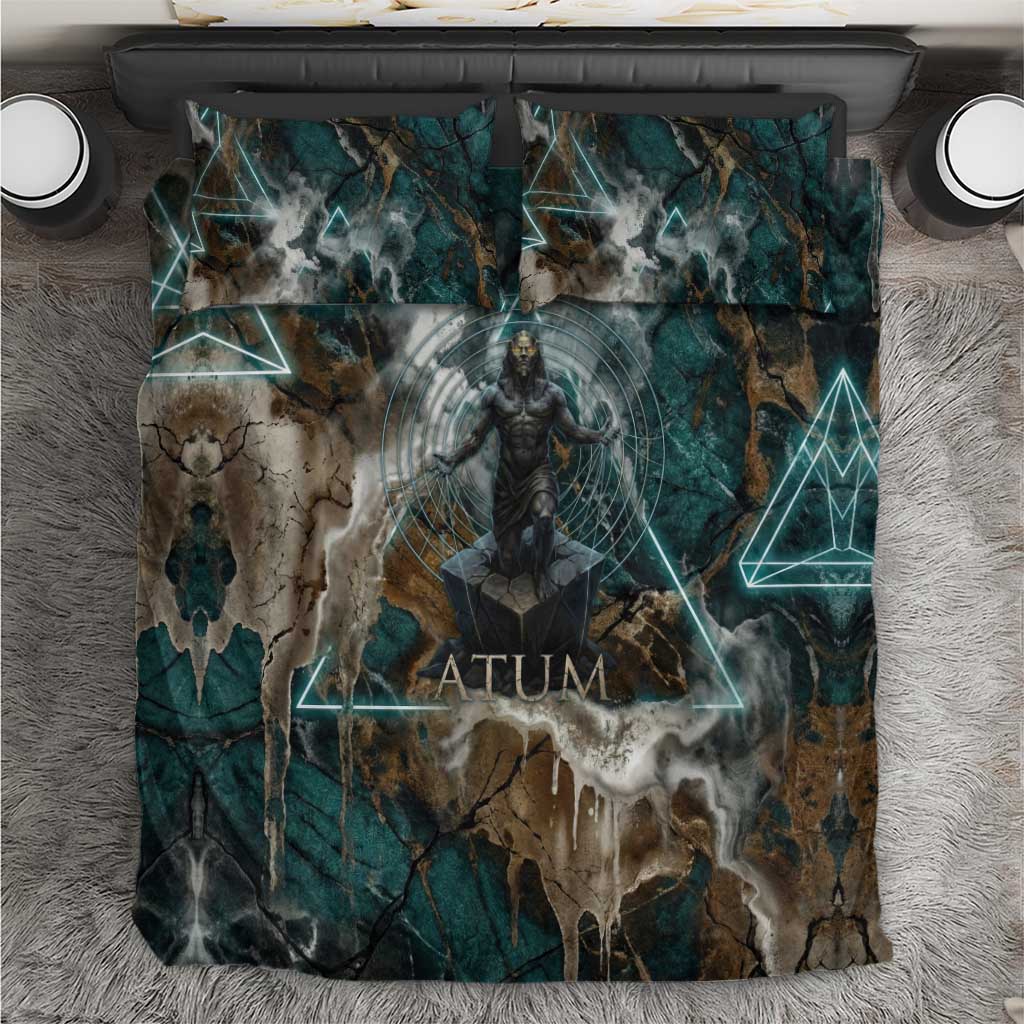 Atum Bedding Set Ancient Egyptian Teal Marble Smoke, Solar Barque Crown, Creator Deity Statue - Wonder Print Shop