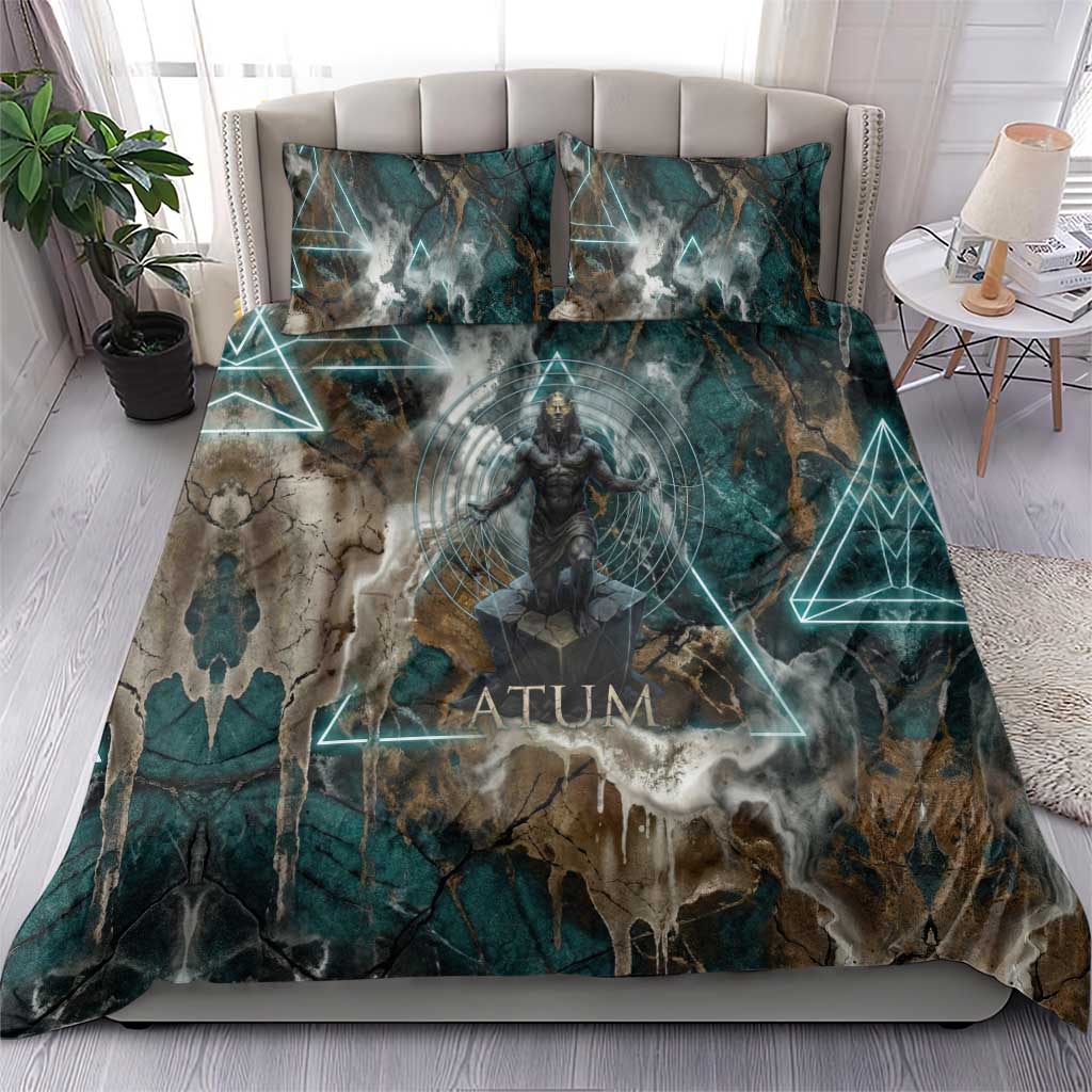 Atum Bedding Set Ancient Egyptian Teal Marble Smoke, Solar Barque Crown, Creator Deity Statue - Wonder Print Shop