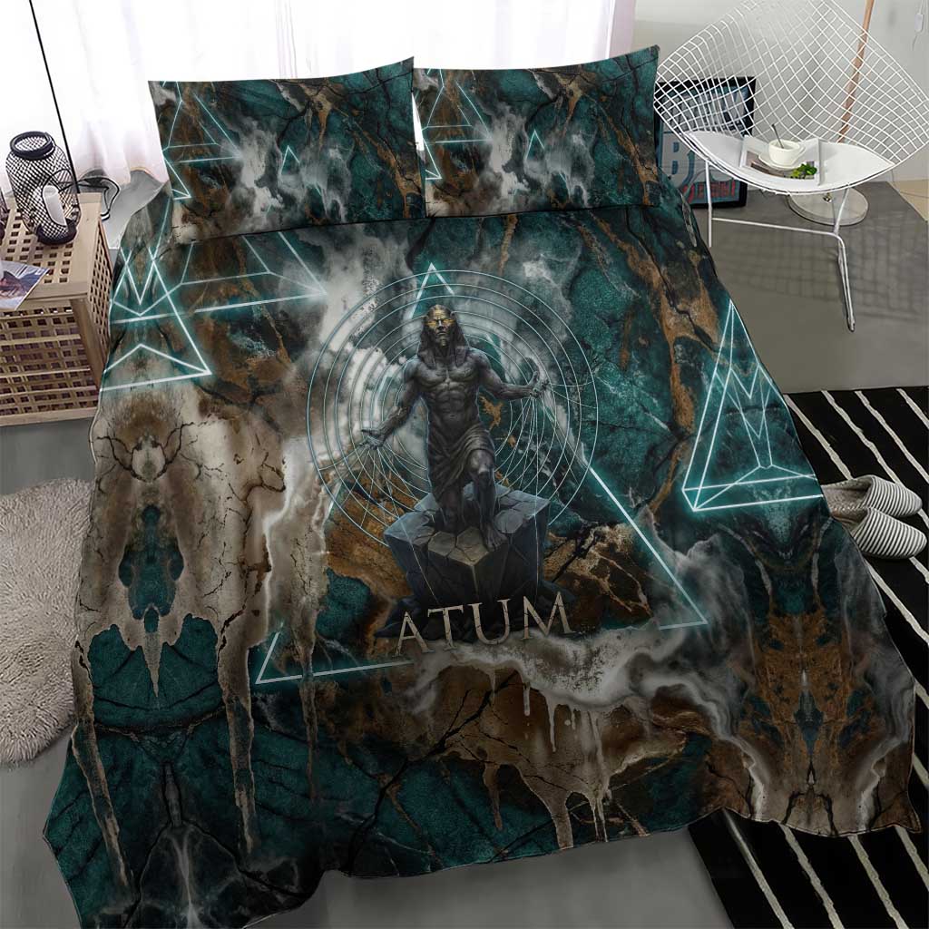 Atum Bedding Set Ancient Egyptian Teal Marble Smoke, Solar Barque Crown, Creator Deity Statue - Wonder Print Shop