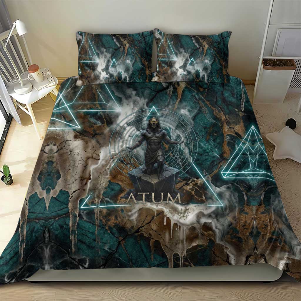 Atum Bedding Set Ancient Egyptian Teal Marble Smoke, Solar Barque Crown, Creator Deity Statue - Wonder Print Shop
