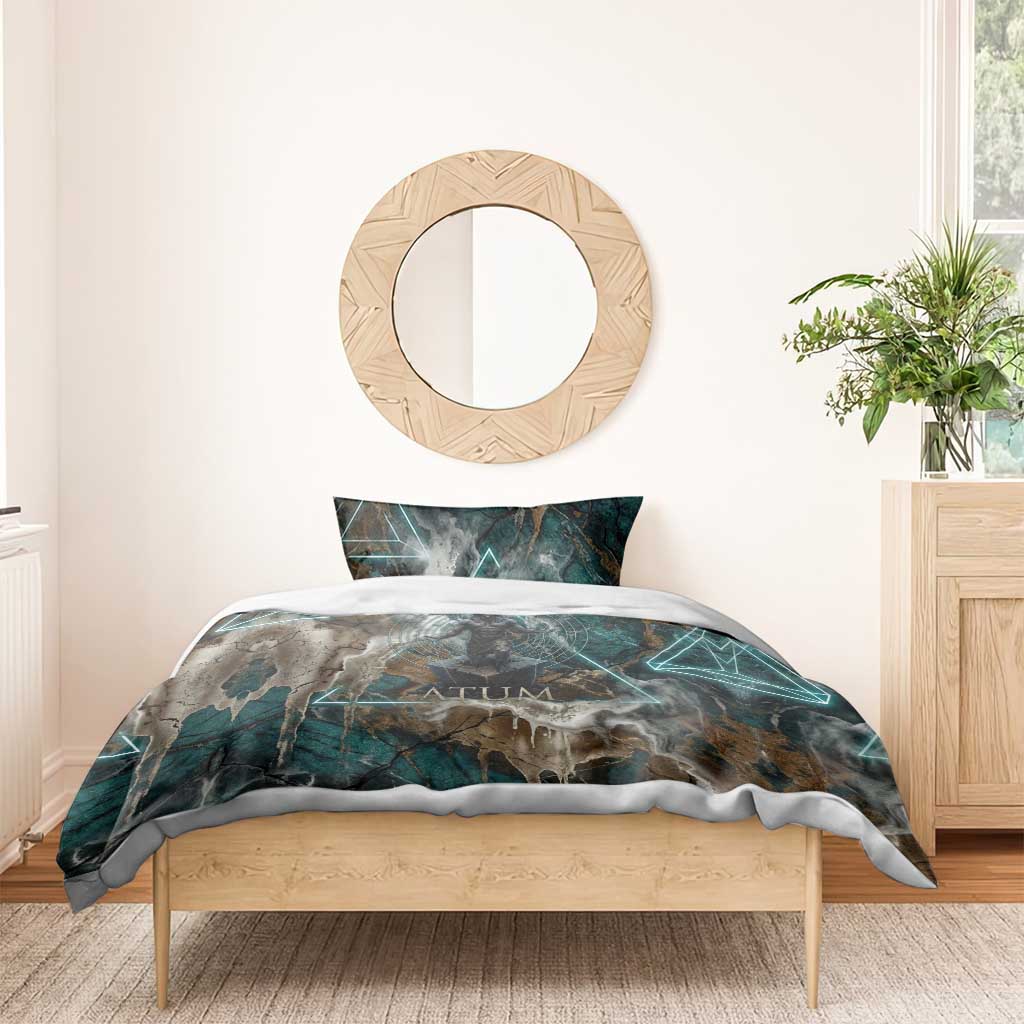 Atum Bedding Set Ancient Egyptian Teal Marble Smoke, Solar Barque Crown, Creator Deity Statue - Wonder Print Shop
