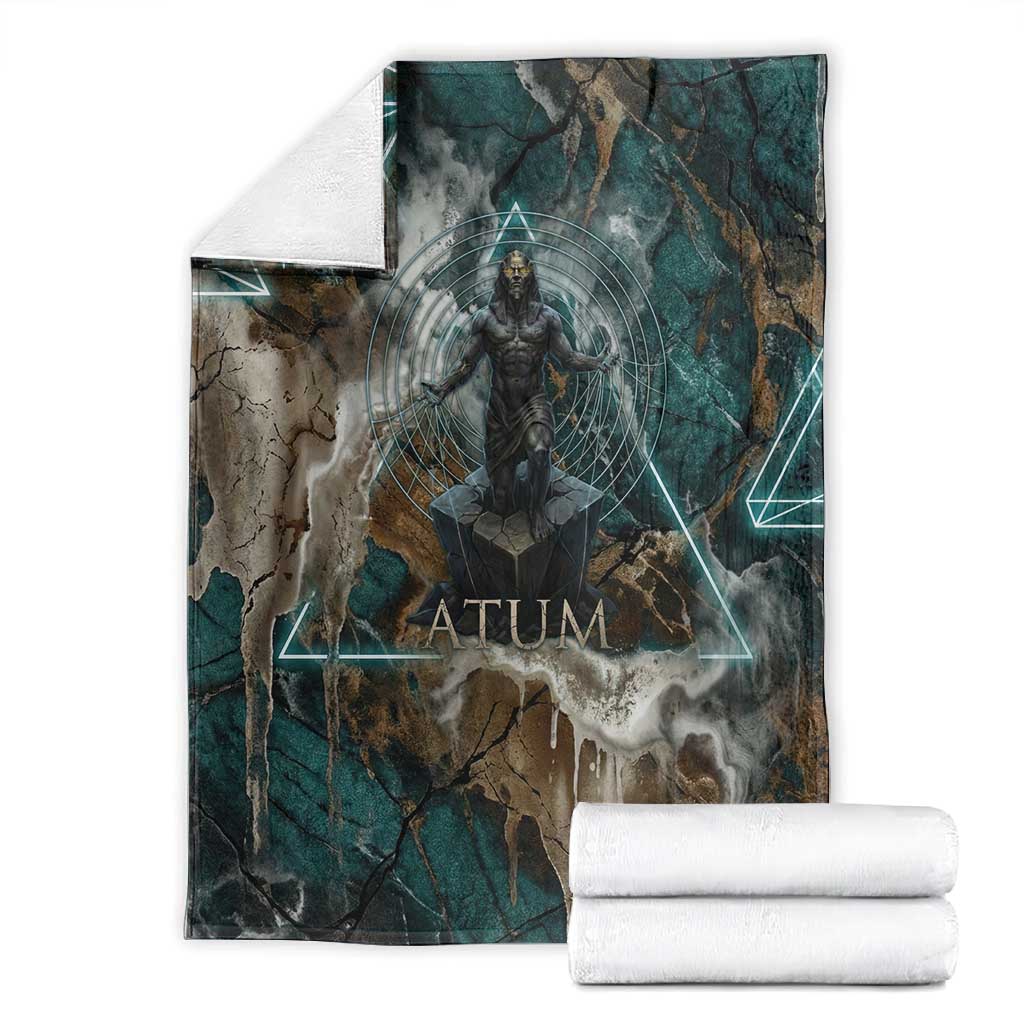 Atum Blanket Ancient Egyptian Teal Marble Smoke, Solar Barque Crown, Creator Deity Statue - Wonder Print Shop