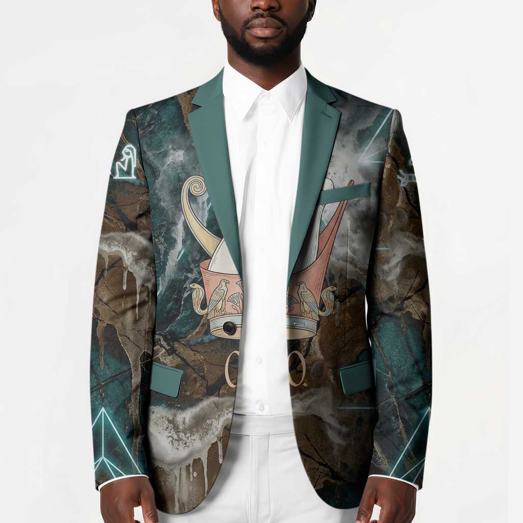 Atum Blazer Ancient Egyptian Teal Marble Smoke, Solar Barque Crown, Creator Deity Statue - Wonder Print Shop