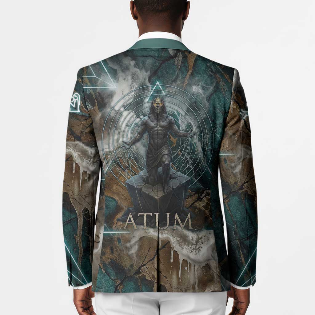 Atum Blazer Ancient Egyptian Teal Marble Smoke, Solar Barque Crown, Creator Deity Statue - Wonder Print Shop