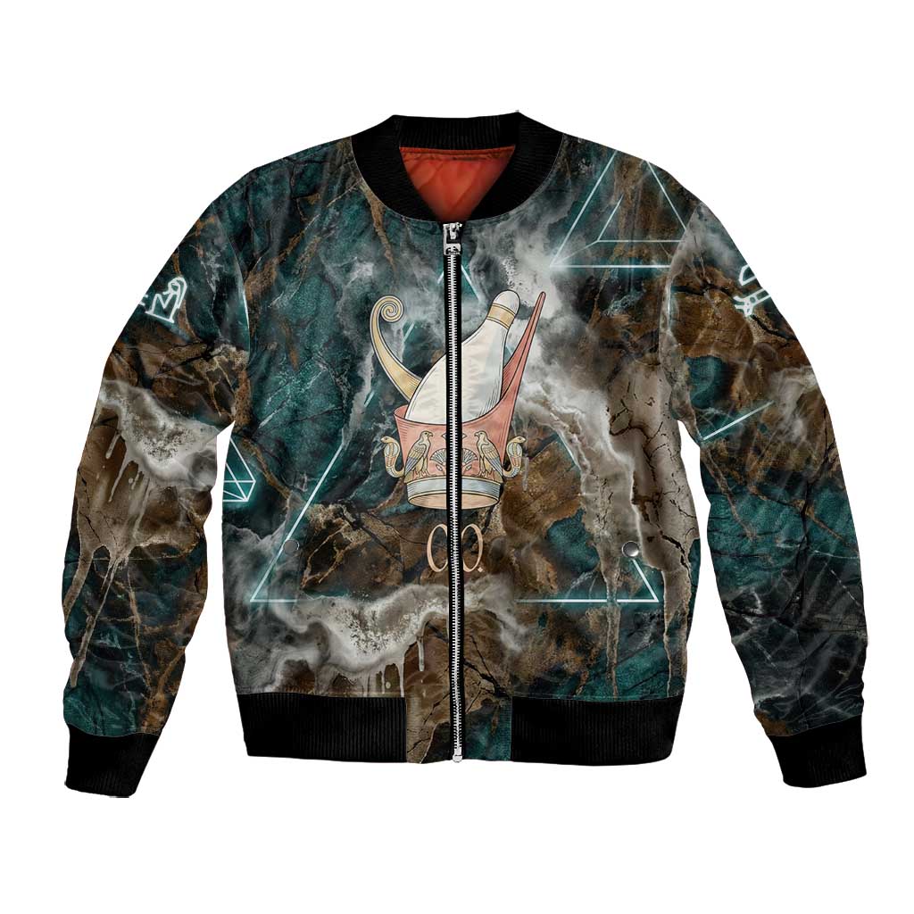 Atum Bomber Jacket Ancient Egyptian Teal Marble Smoke, Solar Barque Crown, Creator Deity Statue - Wonder Print Shop