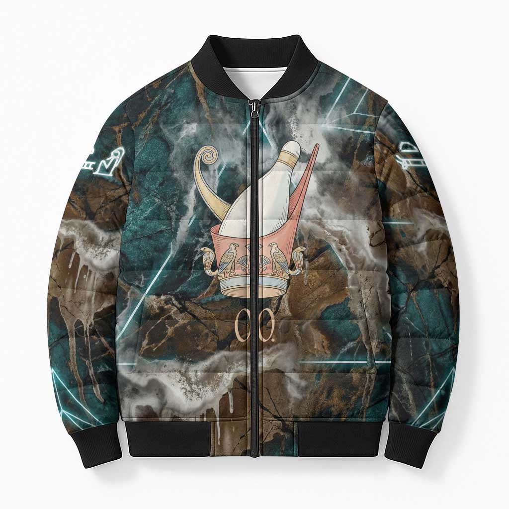 Atum Bomber Puffer Jacket Ancient Egyptian Teal Marble Smoke, Solar Barque Crown, Creator Deity Statue - Wonder Print Shop