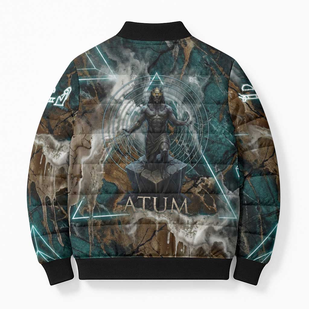 Atum Bomber Puffer Jacket Ancient Egyptian Teal Marble Smoke, Solar Barque Crown, Creator Deity Statue - Wonder Print Shop