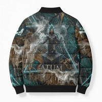 Atum Bomber Puffer Jacket Ancient Egyptian Teal Marble Smoke, Solar Barque Crown, Creator Deity Statue - Wonder Print Shop