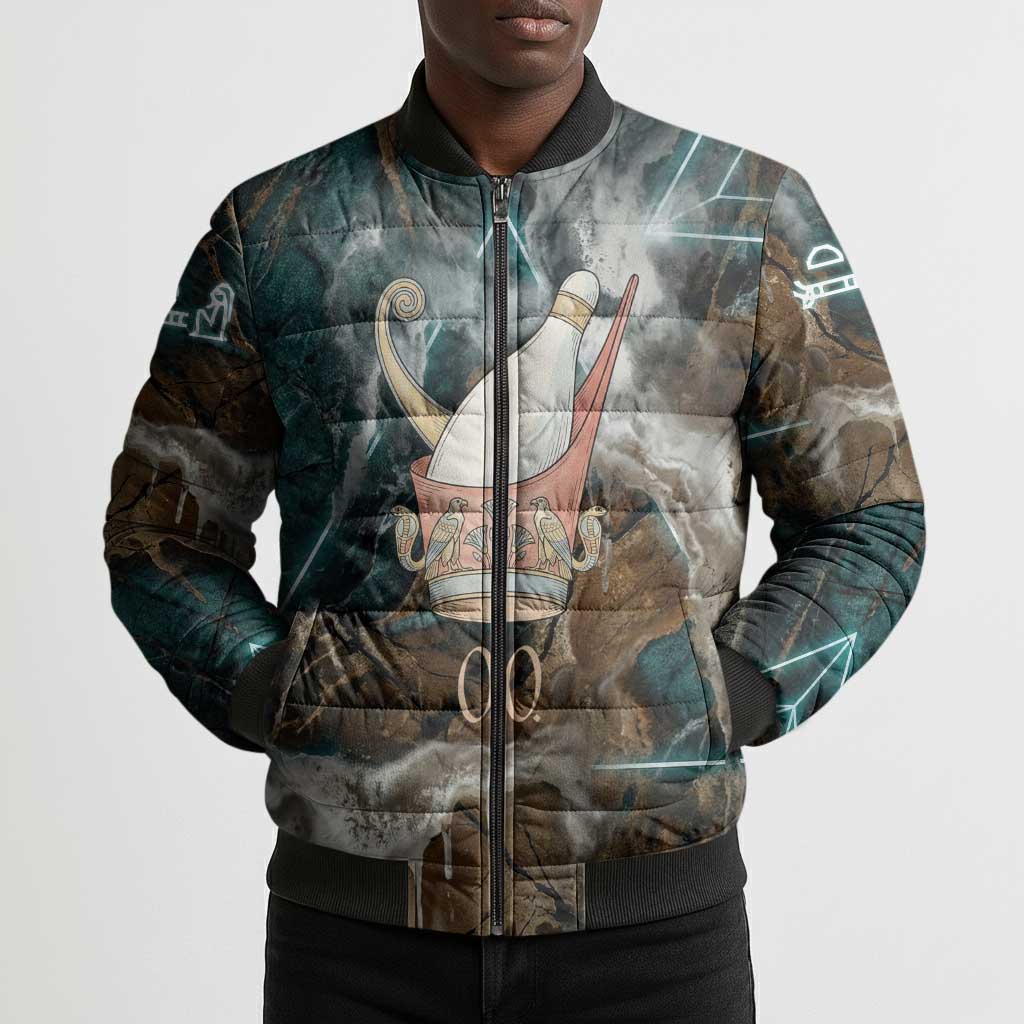 Atum Bomber Puffer Jacket Ancient Egyptian Teal Marble Smoke, Solar Barque Crown, Creator Deity Statue - Wonder Print Shop