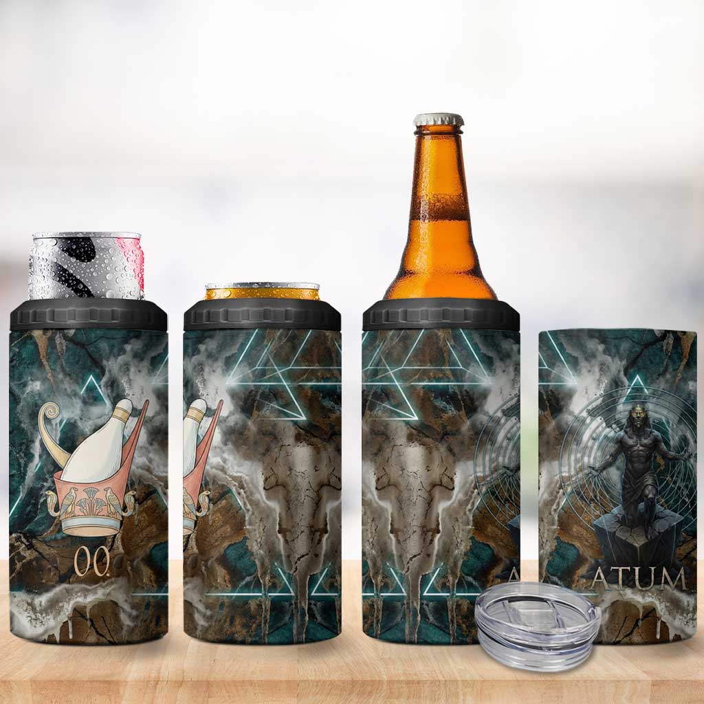 Atum 4 in 1 Can Cooler Tumbler Ancient Egyptian Teal Marble Smoke, Solar Barque Crown, Creator Deity Statue - Wonder Print Shop