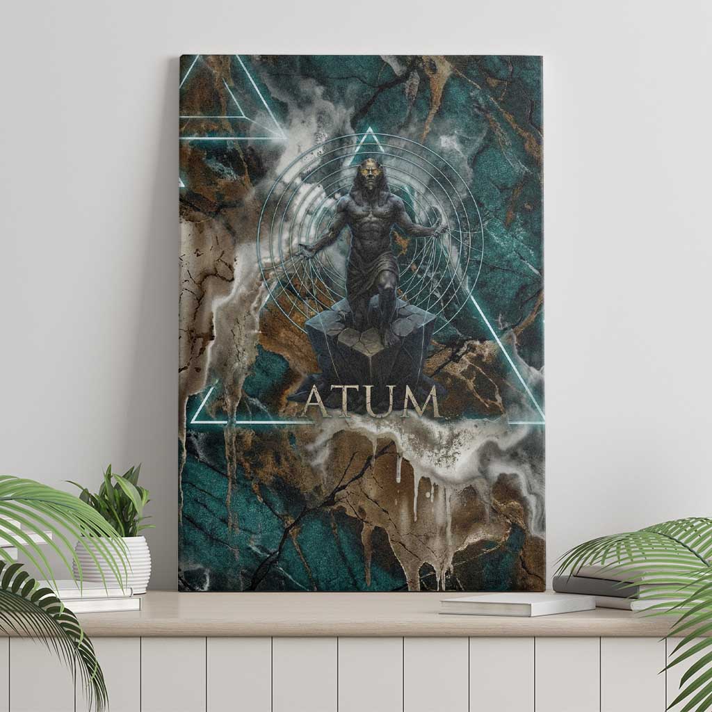 Atum Canvas Wall Art Ancient Egyptian Teal Marble Smoke, Solar Barque Crown, Creator Deity Statue - Wonder Print Shop