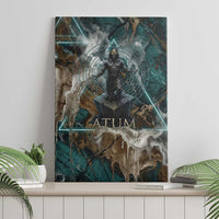 Atum Canvas Wall Art Ancient Egyptian Teal Marble Smoke, Solar Barque Crown, Creator Deity Statue - Wonder Print Shop